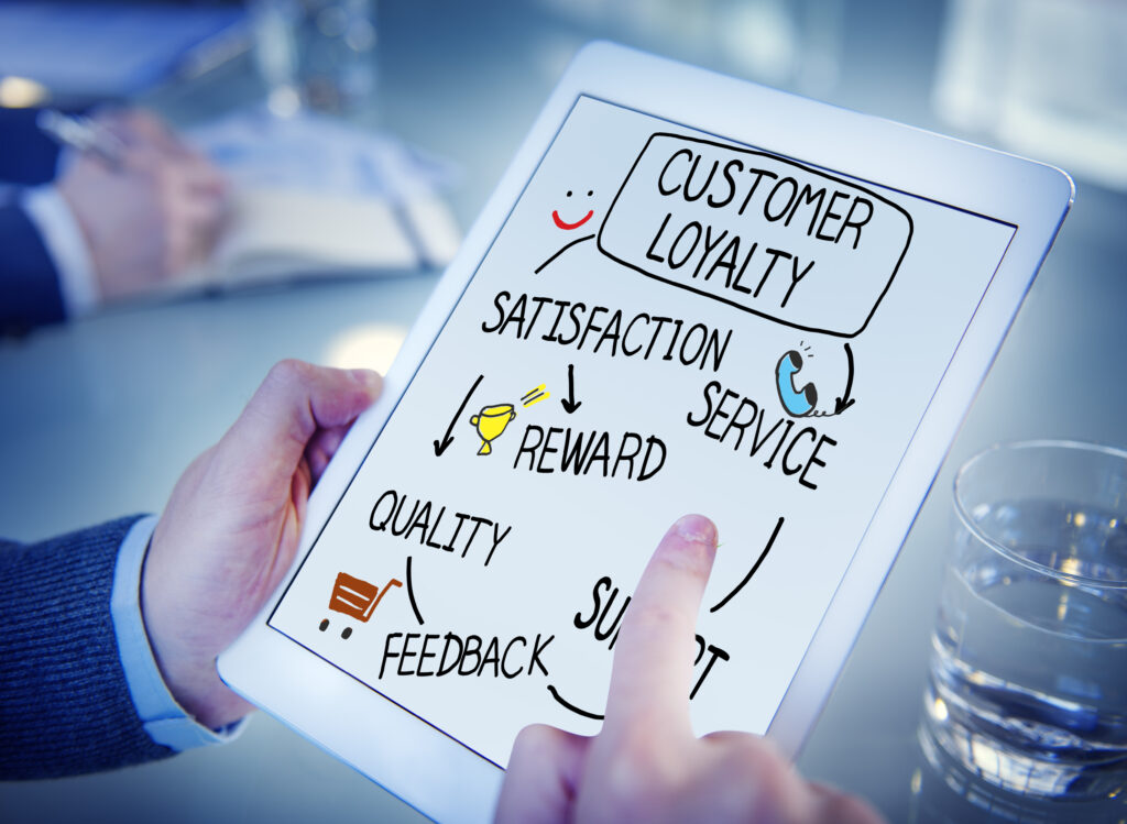 A person holding a tablet with a diagram of customer loyalty programs